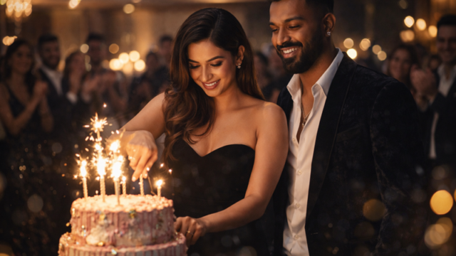 Mahieka Sharma cutting 25th birthday cake with Hardik Pandya standing beside her Mahieka Sharma cutting 25th birthday cake with Hardik Pandya standing beside her